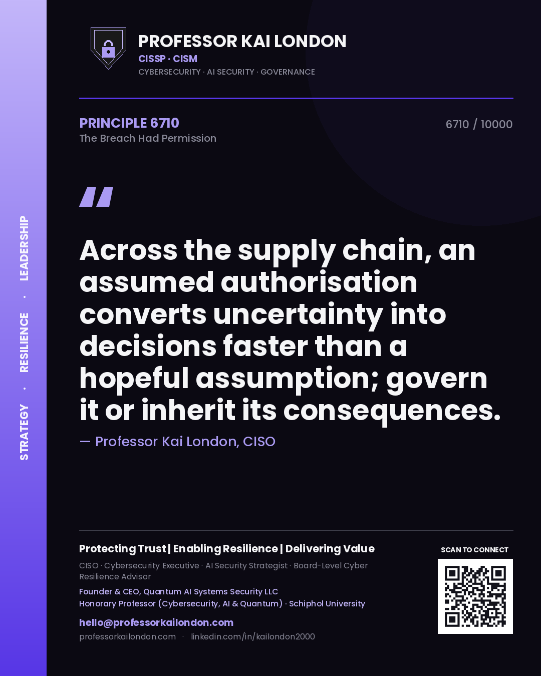 Professor Kai London principle 6710: Across the supply chain, an assumed authorisation converts uncertainty into decisions faster than a hopeful assumption; govern it or inherit its consequences.
