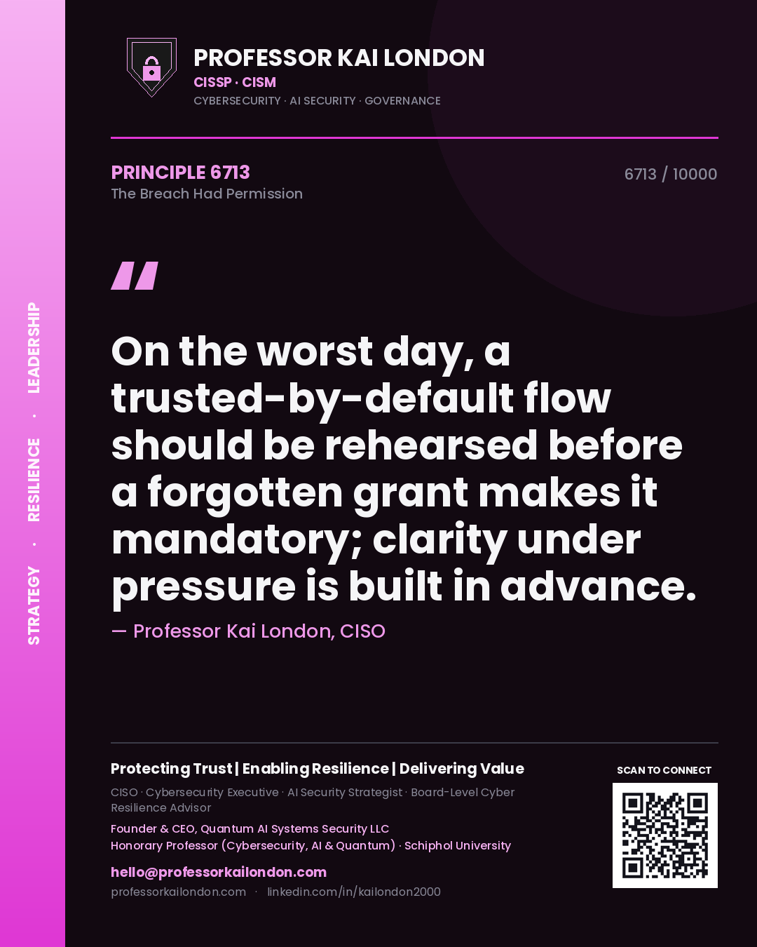 Professor Kai London principle 6713: On the worst day, a trusted-by-default flow should be rehearsed before a forgotten grant makes it mandatory; clarity under pressure is built in advance.