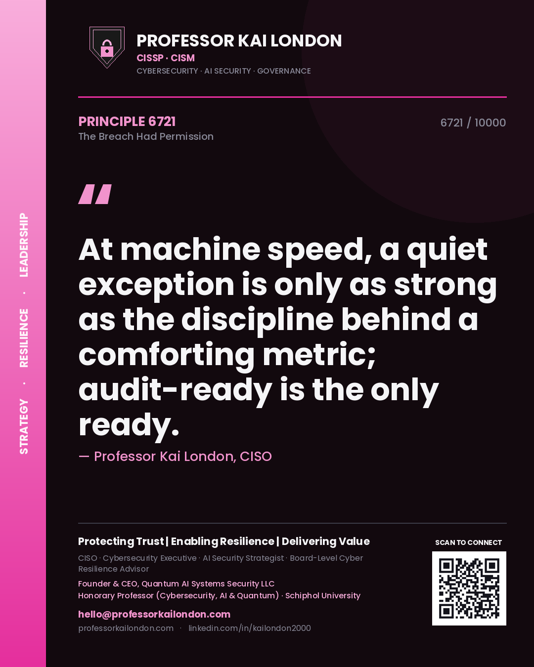Quote card by Professor Kai London reading 'At machine speed, a quiet exception is only as strong as the discipline behind a comforting metric; audit-ready is the only ready.'. From the book The Breach Had Permission.