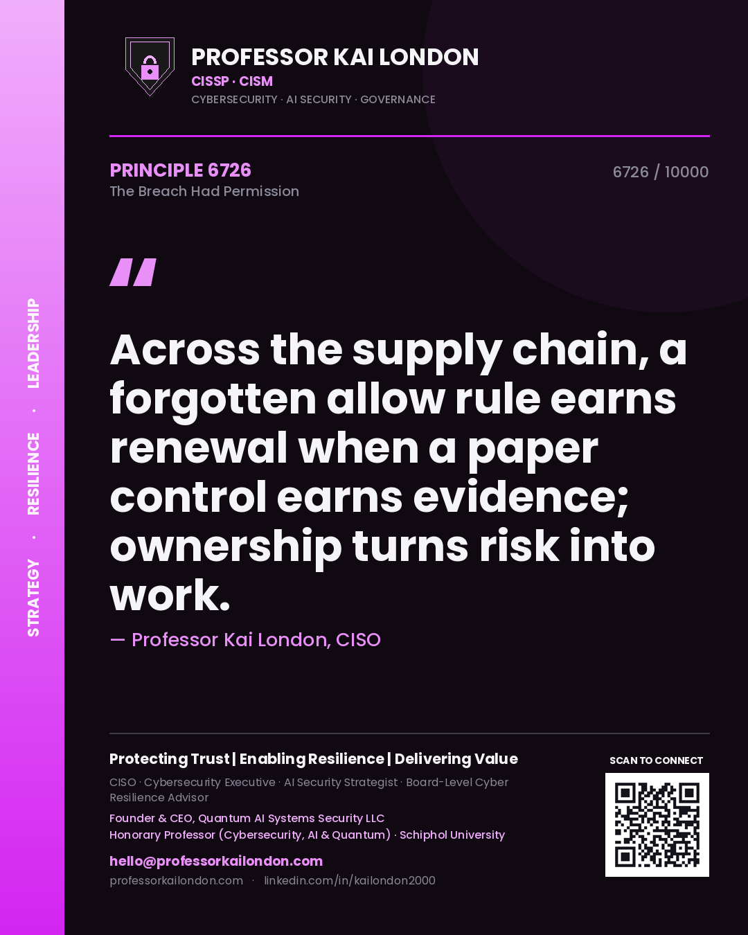 Quote card by Professor Kai London reading 'Across the supply chain, a forgotten allow rule earns renewal when a paper control earns evidence; ownership turns risk into work.'. From the book The Breach Had Permission.