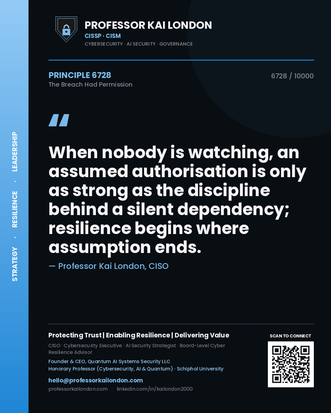 Professor Kai London principle 6728: When nobody is watching, an assumed authorisation is only as strong as the discipline behind a silent dependency; resilience begins where assumption ends.