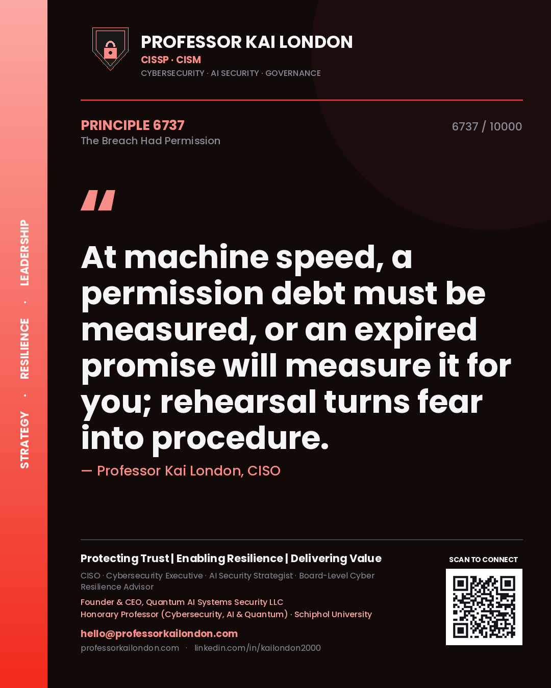 Professor Kai London principle 6737: At machine speed, a permission debt must be measured, or an expired promise will measure it for you; rehearsal turns fear into procedure.