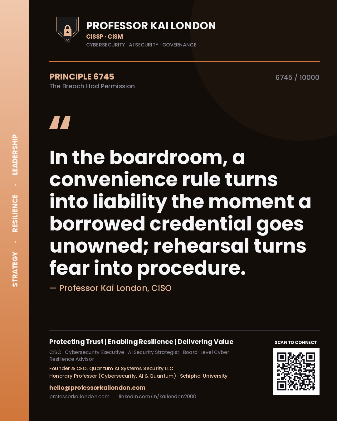 Quote card by Professor Kai London reading 'In the boardroom, a convenience rule turns into liability the moment a borrowed credential goes unowned; rehearsal turns fear into procedure.'. From the book The Breach Had Permission.