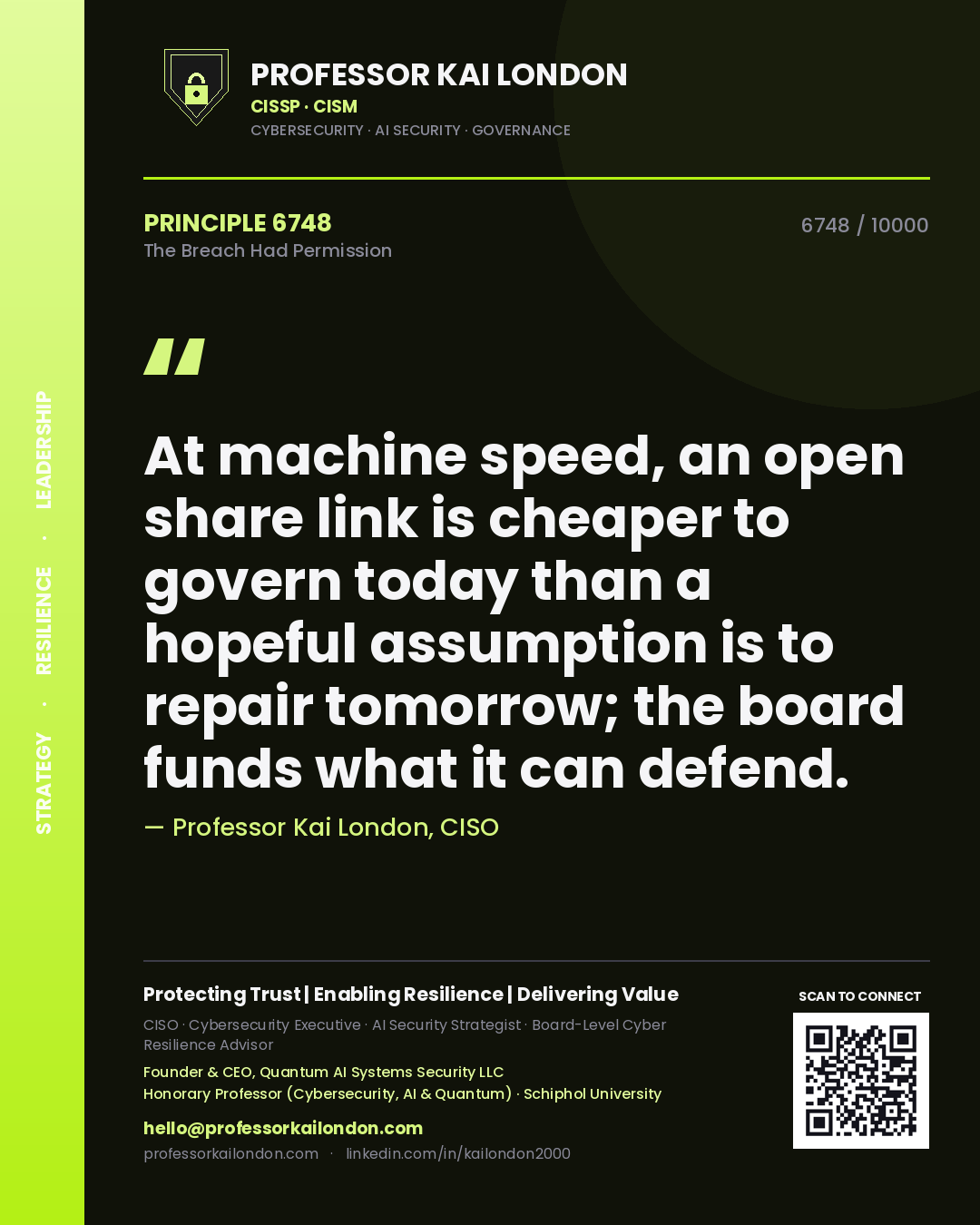 Professor Kai London principle 6748: At machine speed, an open share link is cheaper to govern today than a hopeful assumption is to repair tomorrow; the board funds what it can defend.