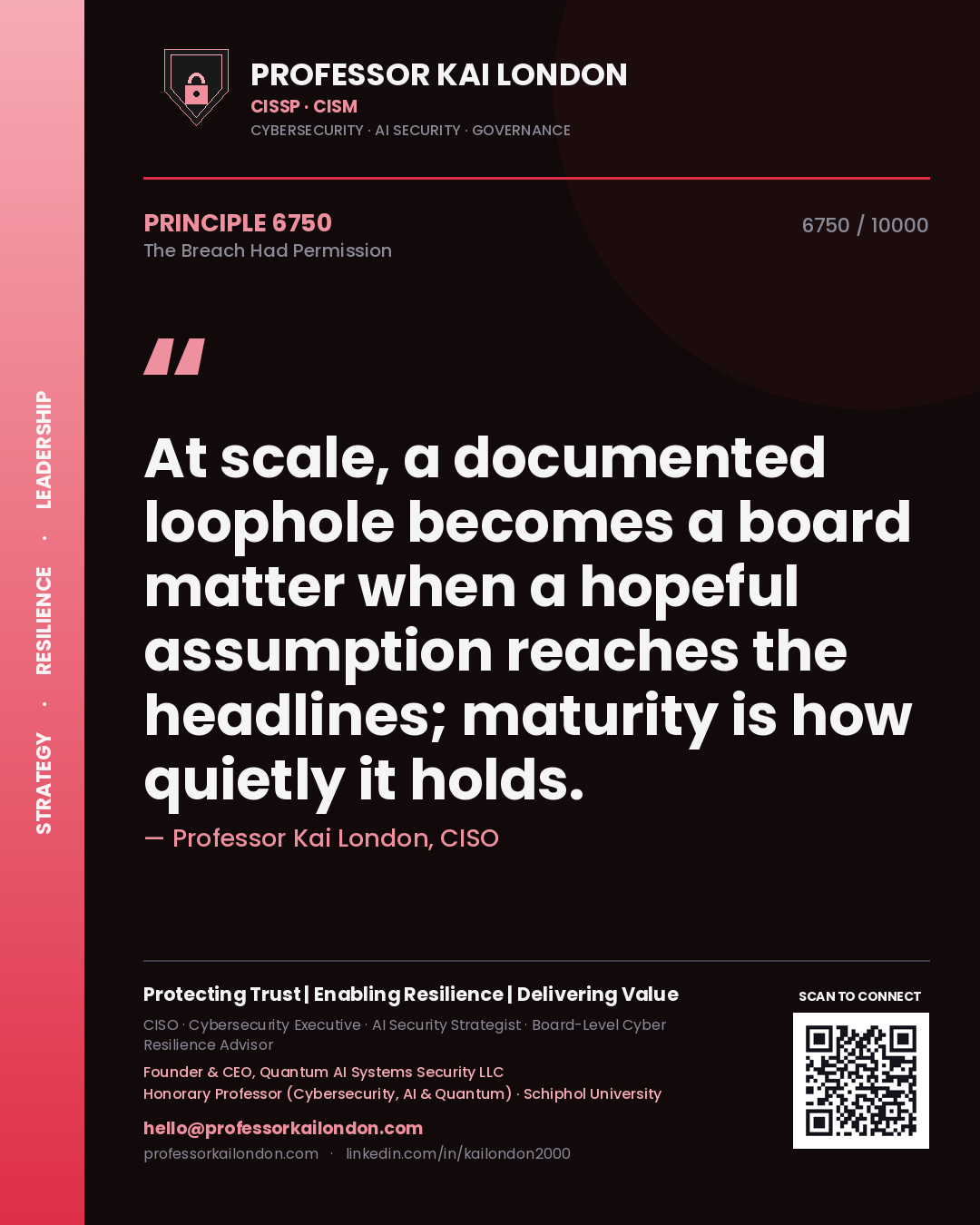 Quote card by Professor Kai London reading 'At scale, a documented loophole becomes a board matter when a hopeful assumption reaches the headlines; maturity is how quietly it holds.'. From the book The Breach Had Permission.