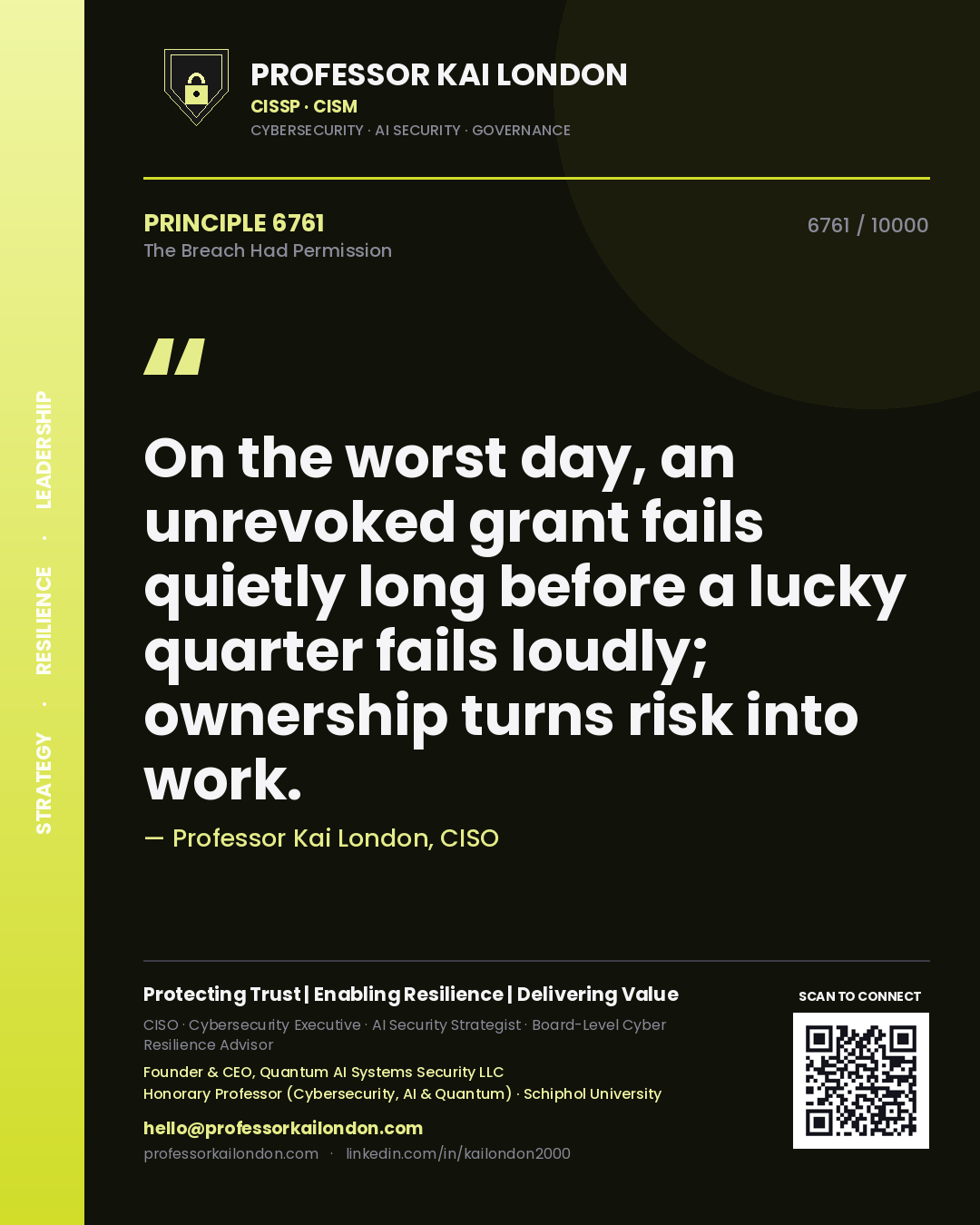 Quote card by Professor Kai London reading 'On the worst day, an unrevoked grant fails quietly long before a lucky quarter fails loudly; ownership turns risk into work.'. From the book The Breach Had Permission.