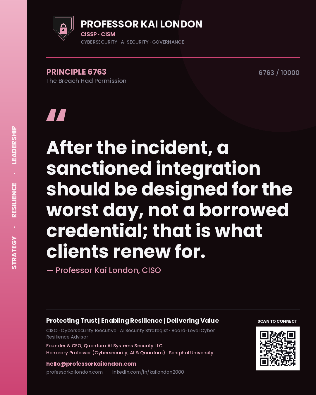 Professor Kai London principle 6763: After the incident, a sanctioned integration should be designed for the worst day, not a borrowed credential; that is what clients renew for.