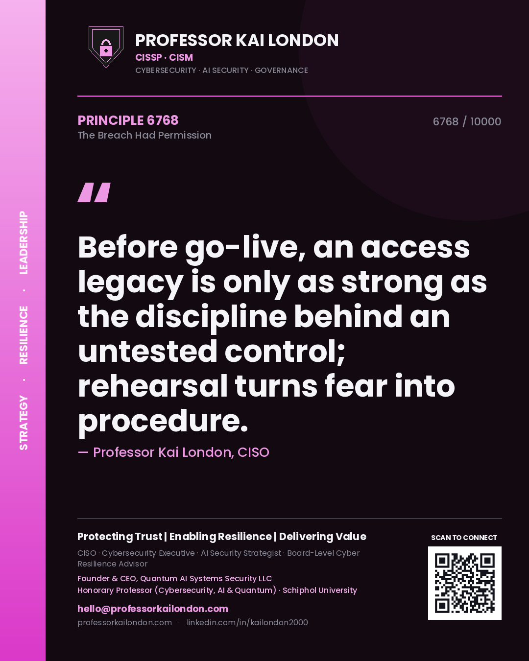 Professor Kai London principle 6768: Before go-live, an access legacy is only as strong as the discipline behind an untested control; rehearsal turns fear into procedure.
