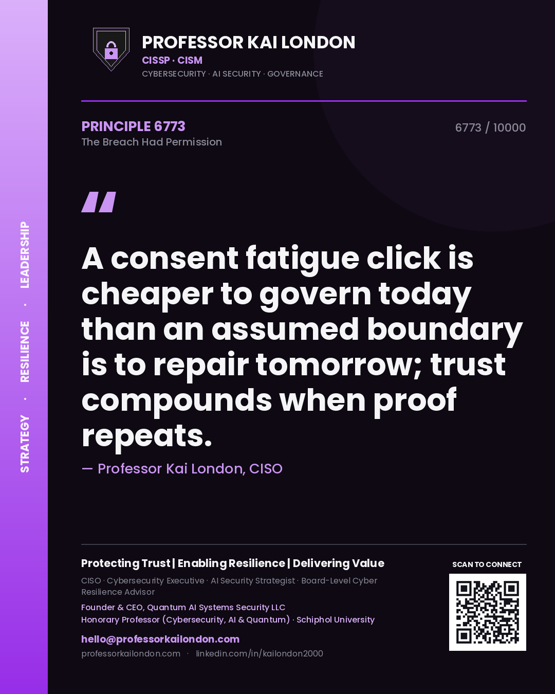 Quote card by Professor Kai London reading 'A consent fatigue click is cheaper to govern today than an assumed boundary is to repair tomorrow; trust compounds when proof repeats.'. From the book The Breach Had Permission.