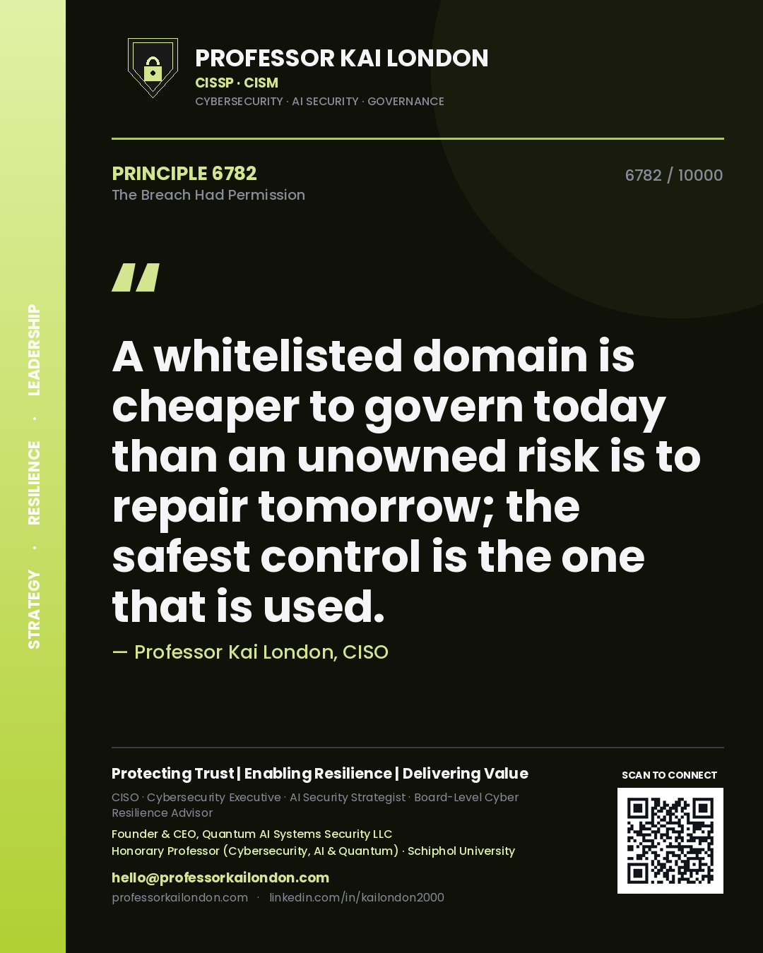 Professor Kai London principle 6782: A whitelisted domain is cheaper to govern today than an unowned risk is to repair tomorrow; the safest control is the one that is used.