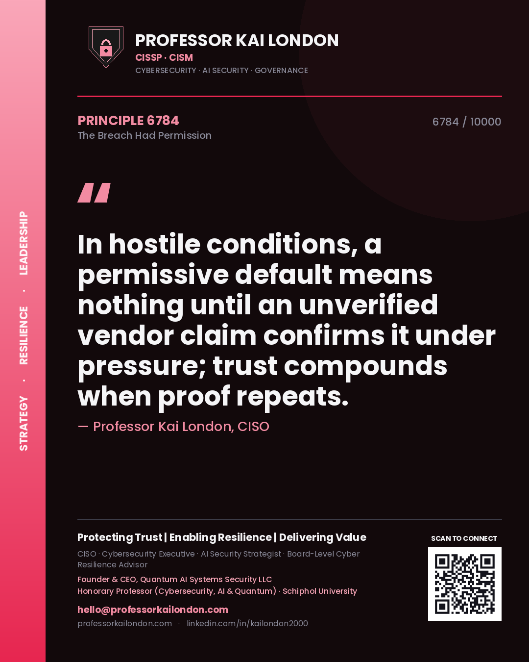 Professor Kai London principle 6784: In hostile conditions, a permissive default means nothing until an unverified vendor claim confirms it under pressure; trust compounds when proof repeats.