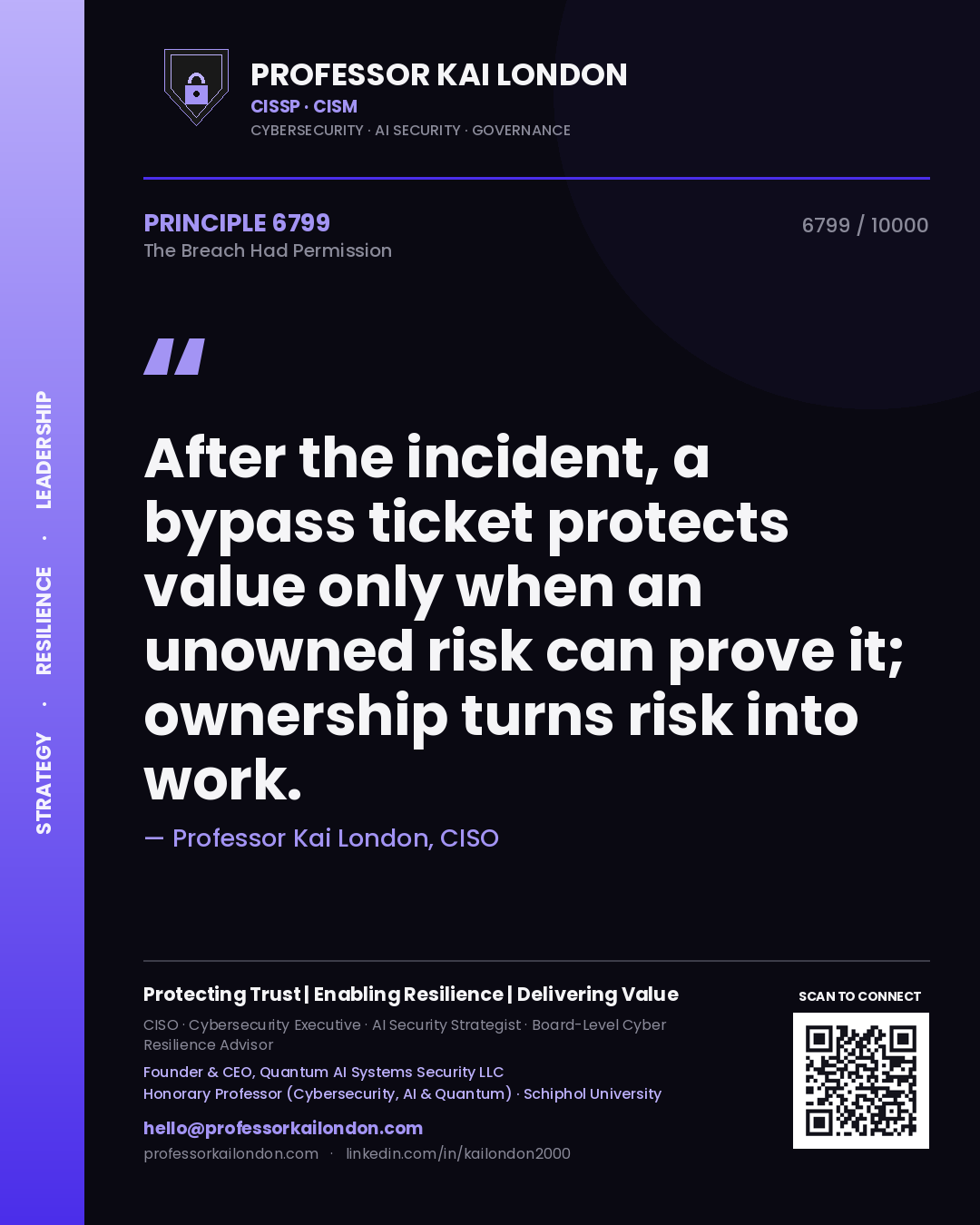 Professor Kai London principle 6799: After the incident, a bypass ticket protects value only when an unowned risk can prove it; ownership turns risk into work.