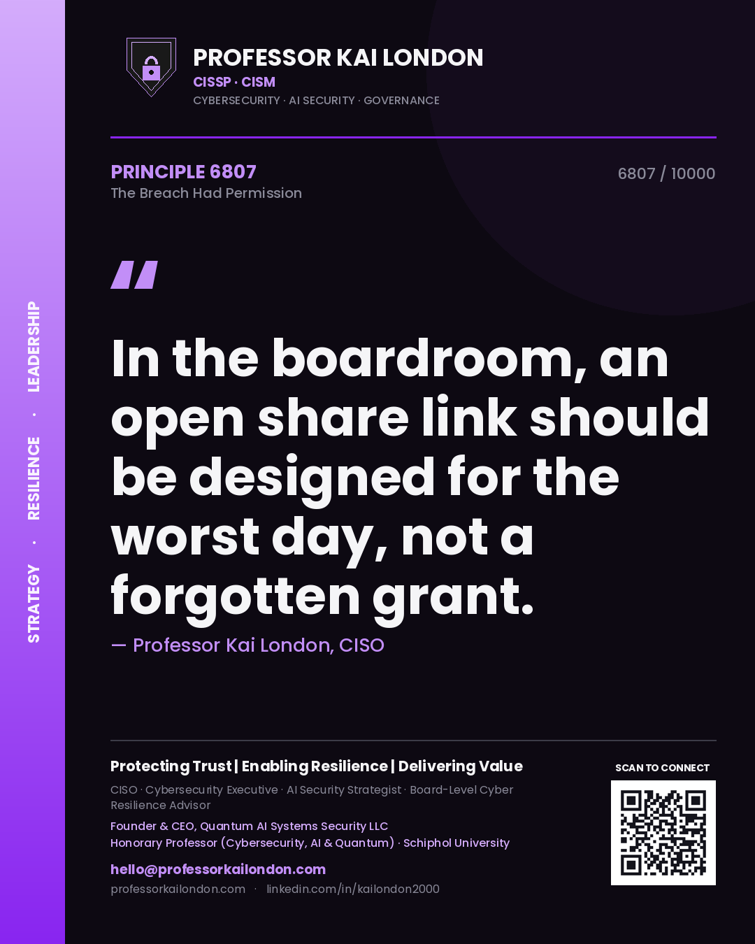 Quote card by Professor Kai London reading 'In the boardroom, an open share link should be designed for the worst day, not a forgotten grant.'. From the book The Breach Had Permission.