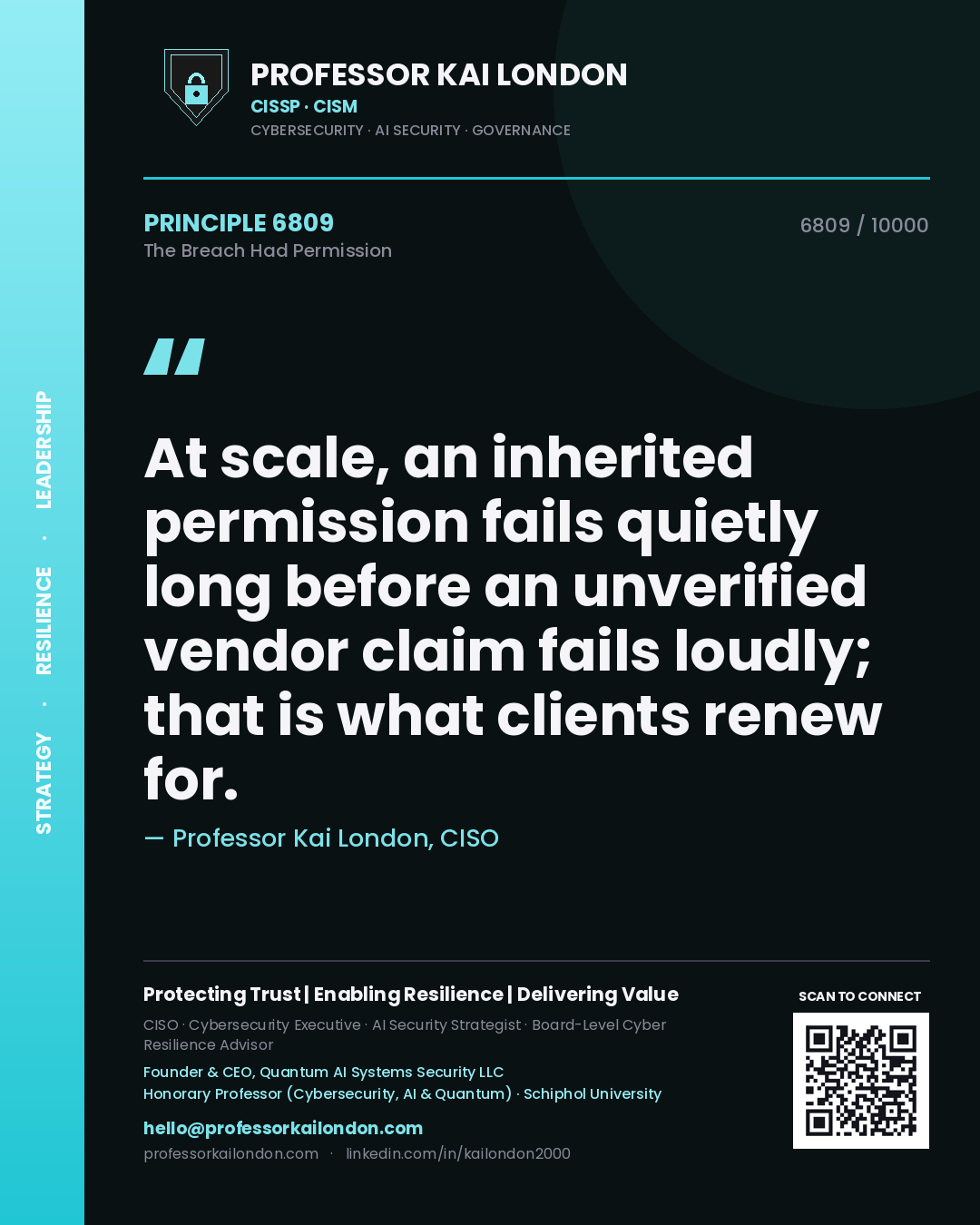 Quote card by Professor Kai London reading 'At scale, an inherited permission fails quietly long before an unverified vendor claim fails loudly; that is what clients renew for.'. From the book The Breach Had Permission.