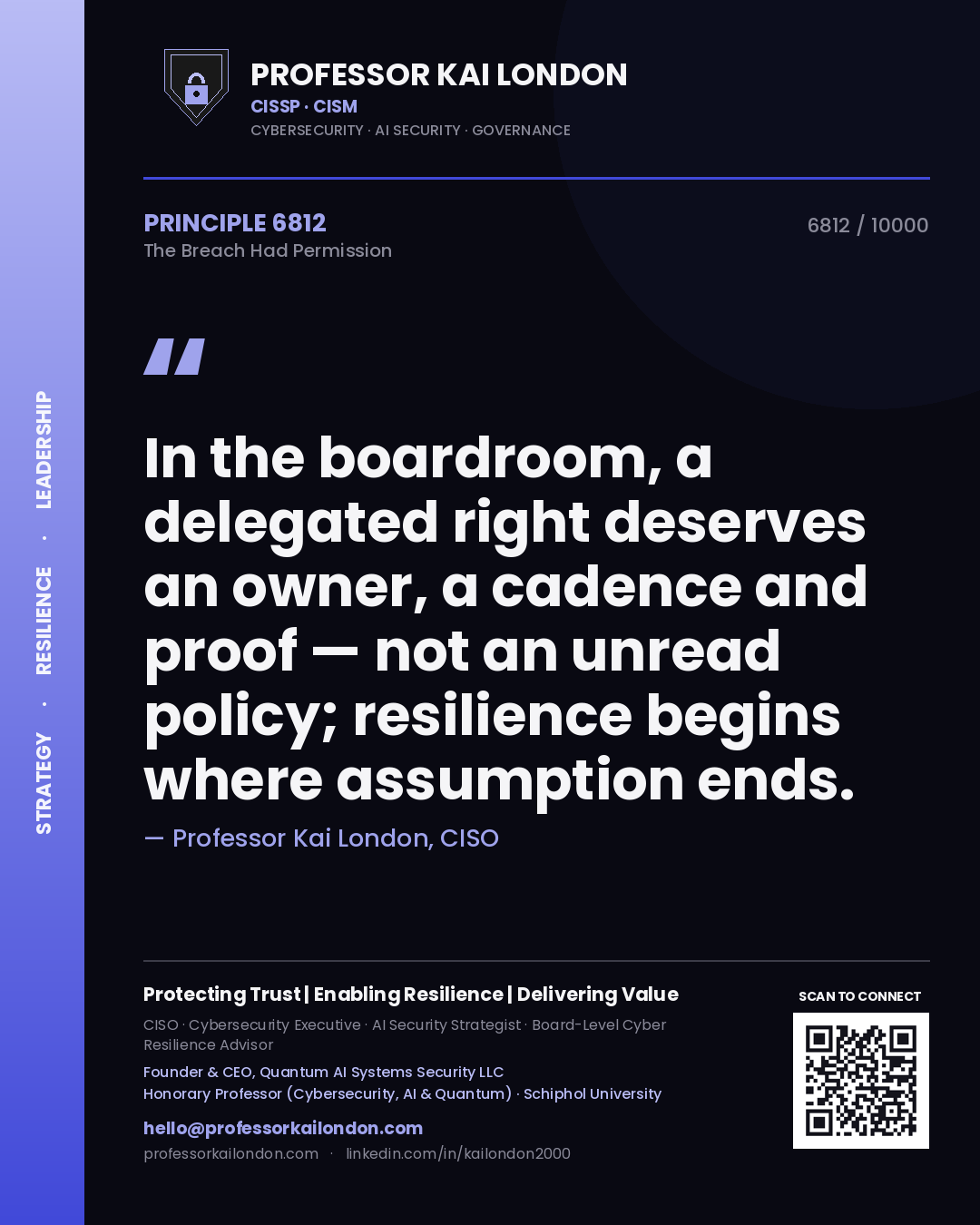 Professor Kai London principle 6812: In the boardroom, a delegated right deserves an owner, a cadence and proof — not an unread policy; resilience begins where assumption ends.