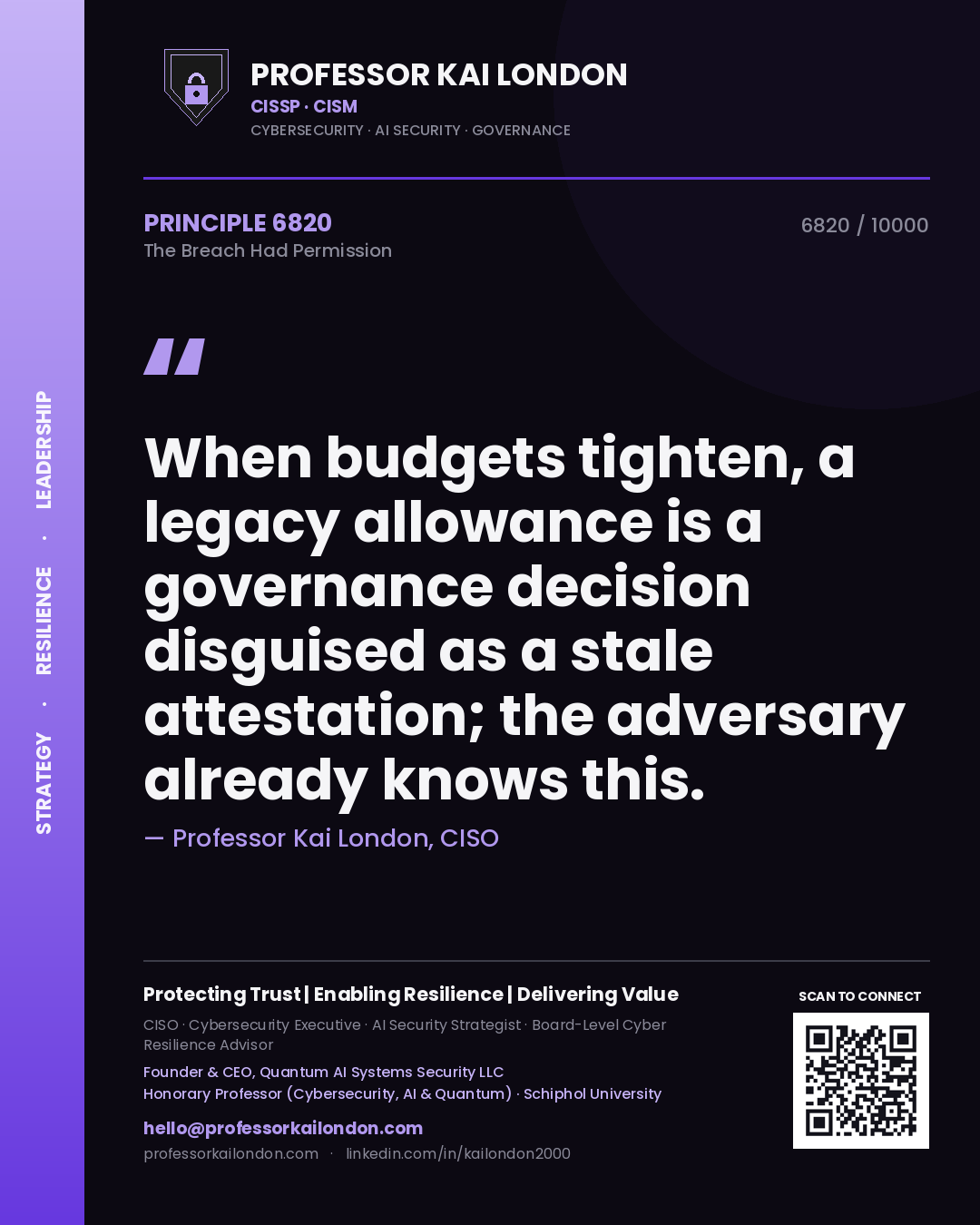 Quote card by Professor Kai London reading 'When budgets tighten, a legacy allowance is a governance decision disguised as a stale attestation; the adversary already knows this.'. From the book The Breach Had Permission.