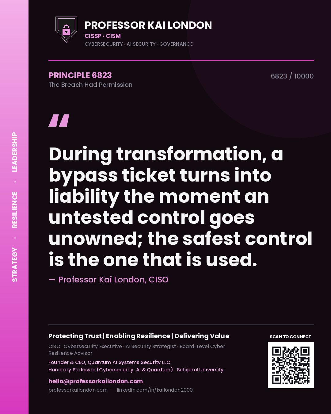 Quote card by Professor Kai London reading 'During transformation, a bypass ticket turns into liability the moment an untested control goes unowned; the safest control is the one that is used.'. From the book The Breach Had Permission.