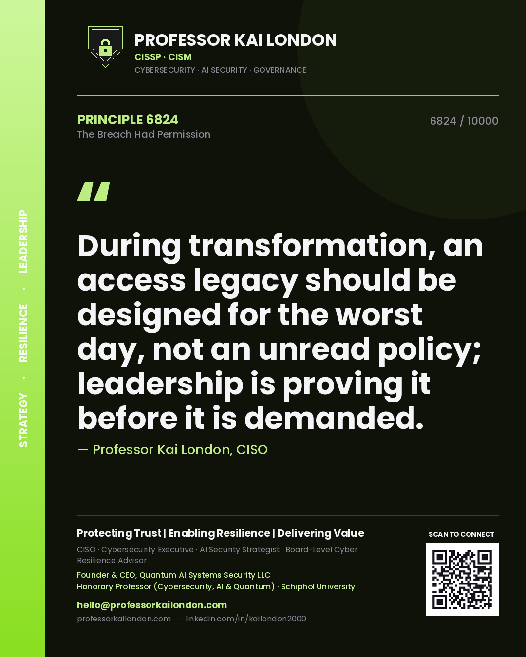 Quote card by Professor Kai London reading 'During transformation, an access legacy should be designed for the worst day, not an unread policy; leadership is proving it before it is demanded.'. From the book The Breach Had Permission.