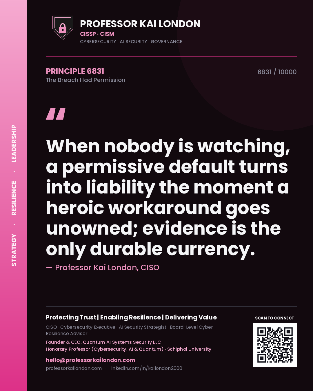 Quote card by Professor Kai London reading 'When nobody is watching, a permissive default turns into liability the moment a heroic workaround goes unowned; evidence is the only durable currency.'. From the book The Breach Had Permission.