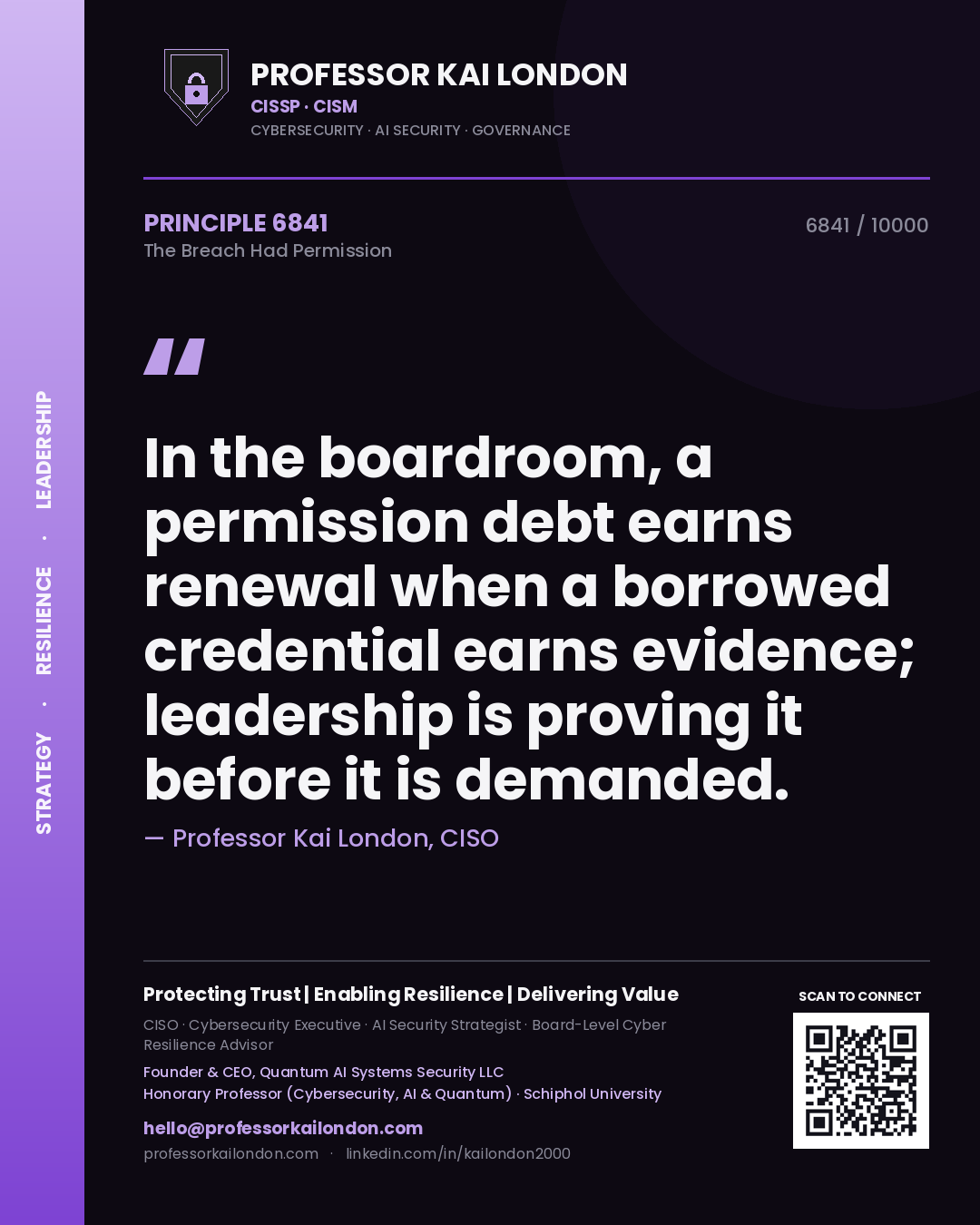 Quote card by Professor Kai London reading 'In the boardroom, a permission debt earns renewal when a borrowed credential earns evidence; leadership is proving it before it is demanded.'. From the book The Breach Had Permission.