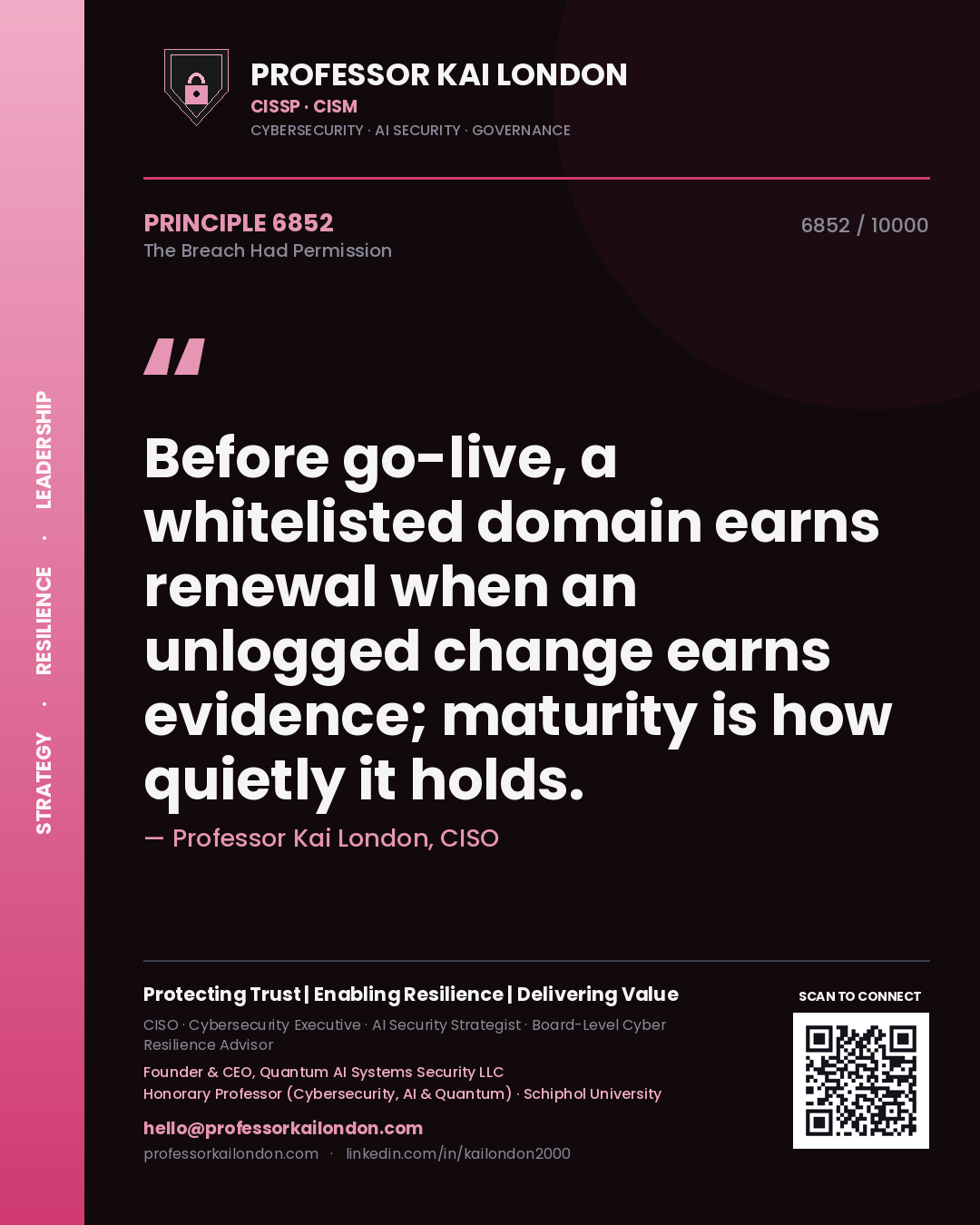 Professor Kai London principle 6852: Before go-live, a whitelisted domain earns renewal when an unlogged change earns evidence; maturity is how quietly it holds.