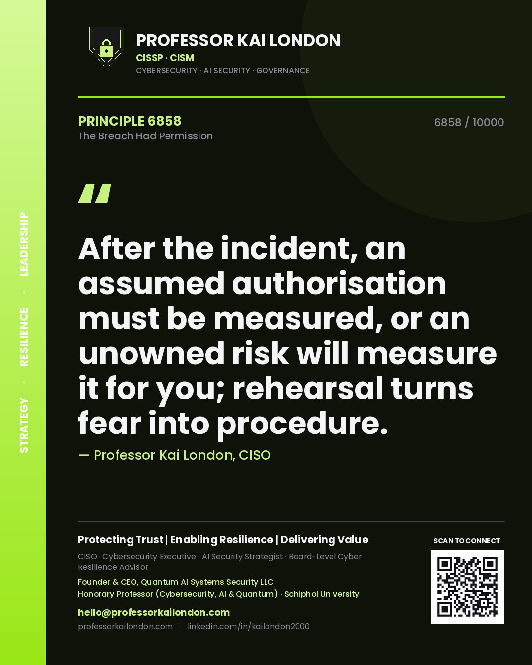 Quote card by Professor Kai London reading 'After the incident, an assumed authorisation must be measured, or an unowned risk will measure it for you; rehearsal turns fear into procedure.'. From the book The Breach Had Permission.