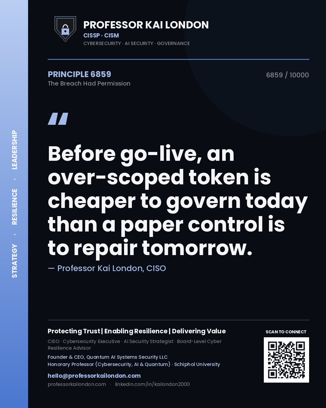 Quote card by Professor Kai London reading 'Before go-live, an over-scoped token is cheaper to govern today than a paper control is to repair tomorrow.'. From the book The Breach Had Permission.