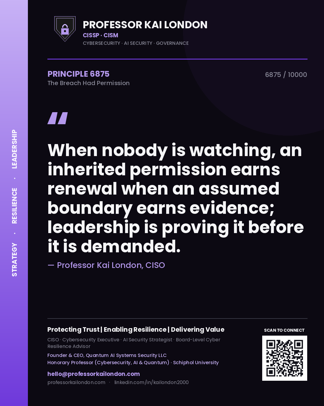 Quote card by Professor Kai London reading 'When nobody is watching, an inherited permission earns renewal when an assumed boundary earns evidence; leadership is proving it before it is demanded.'. From the book The Breach Had Permission.
