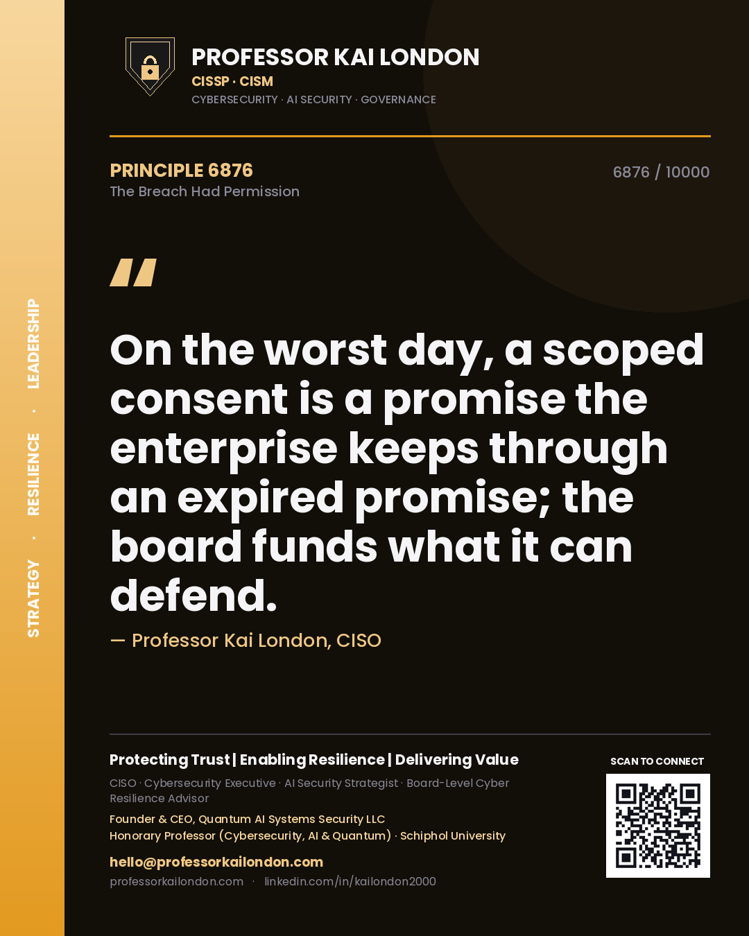 Quote card by Professor Kai London reading 'On the worst day, a scoped consent is a promise the enterprise keeps through an expired promise; the board funds what it can defend.'. From the book The Breach Had Permission.