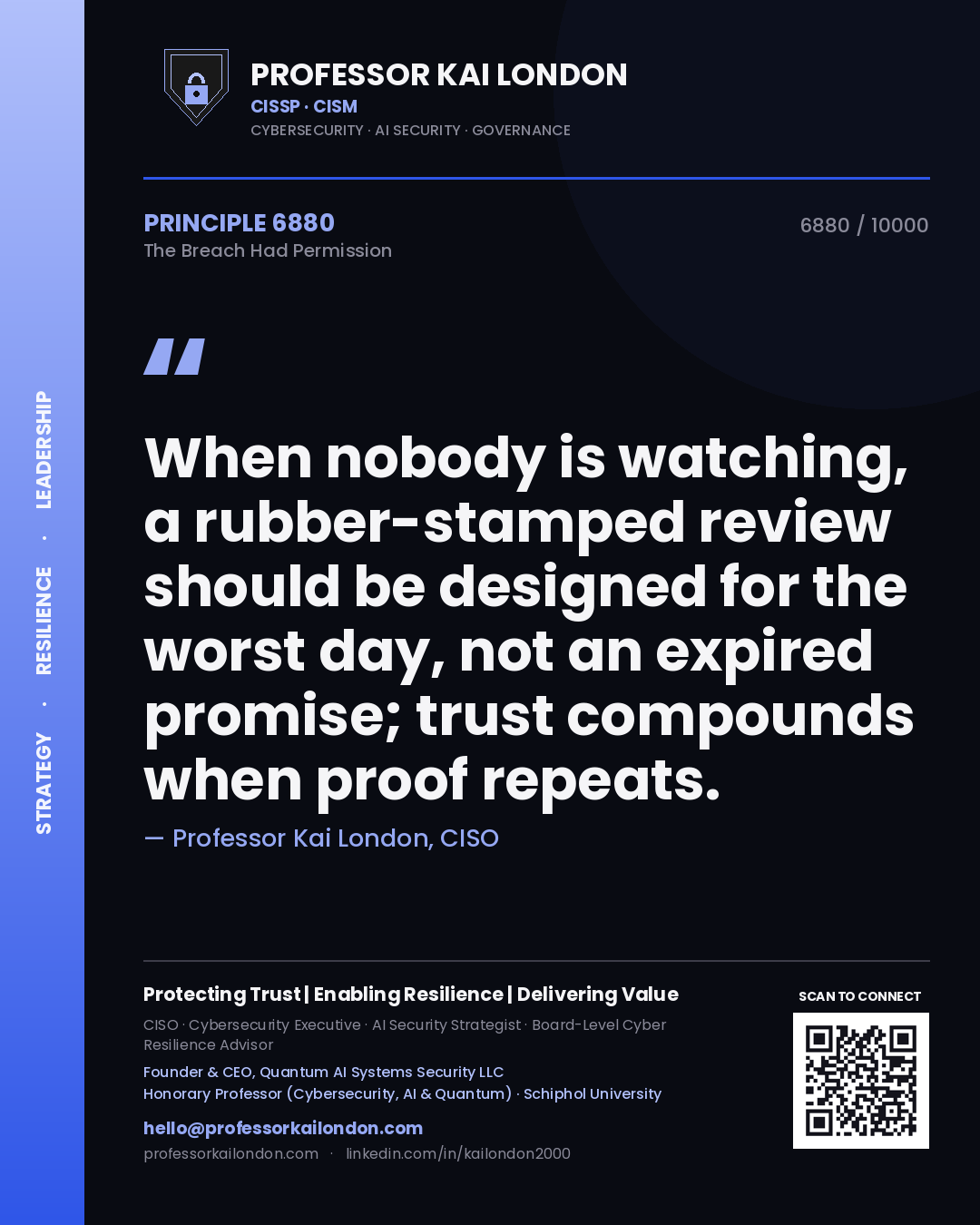 Quote card by Professor Kai London reading 'When nobody is watching, a rubber-stamped review should be designed for the worst day, not an expired promise; trust compounds when proof repeats.'. From the book The Breach Had Permission.