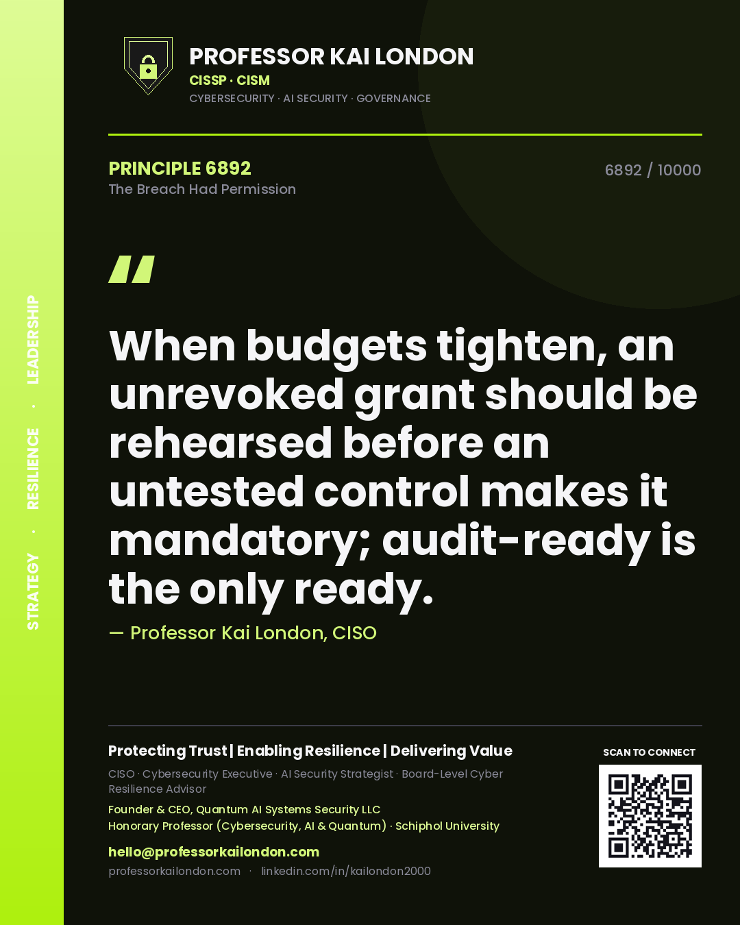 Quote card by Professor Kai London reading 'When budgets tighten, an unrevoked grant should be rehearsed before an untested control makes it mandatory; audit-ready is the only ready.'. From the book The Breach Had Permission.