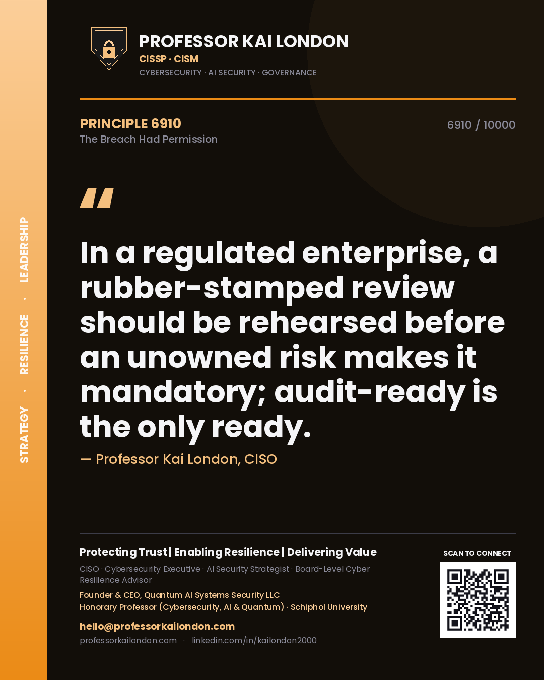 Professor Kai London principle 6910: In a regulated enterprise, a rubber-stamped review should be rehearsed before an unowned risk makes it mandatory; audit-ready is the only ready.