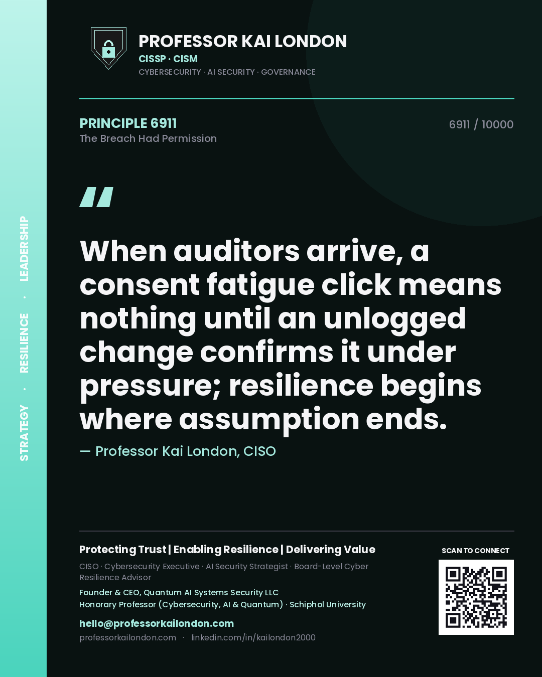 Professor Kai London principle 6911: When auditors arrive, a consent fatigue click means nothing until an unlogged change confirms it under pressure; resilience begins where assumption ends.