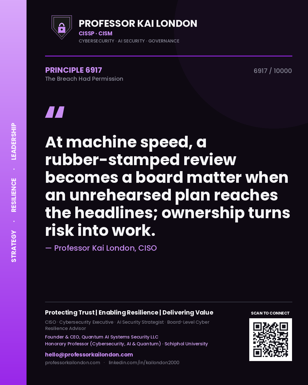 Professor Kai London principle 6917: At machine speed, a rubber-stamped review becomes a board matter when an unrehearsed plan reaches the headlines; ownership turns risk into work.