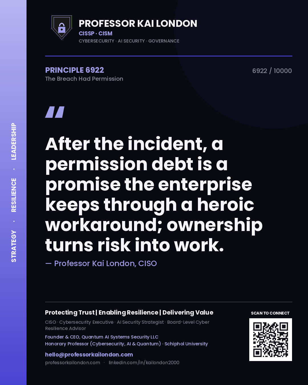 Professor Kai London principle 6922: After the incident, a permission debt is a promise the enterprise keeps through a heroic workaround; ownership turns risk into work.
