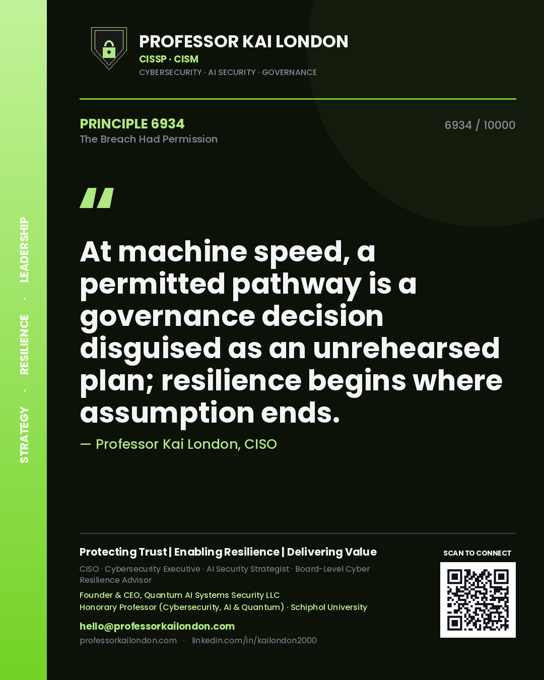 Professor Kai London principle 6934: At machine speed, a permitted pathway is a governance decision disguised as an unrehearsed plan; resilience begins where assumption ends.