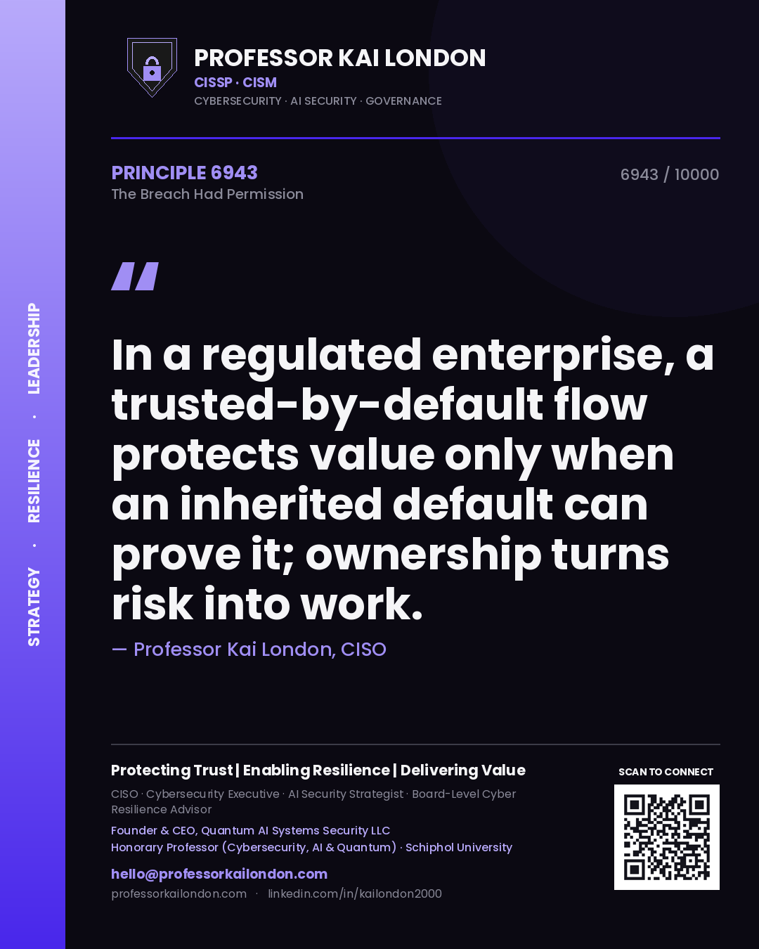 Professor Kai London principle 6943: In a regulated enterprise, a trusted-by-default flow protects value only when an inherited default can prove it; ownership turns risk into work.