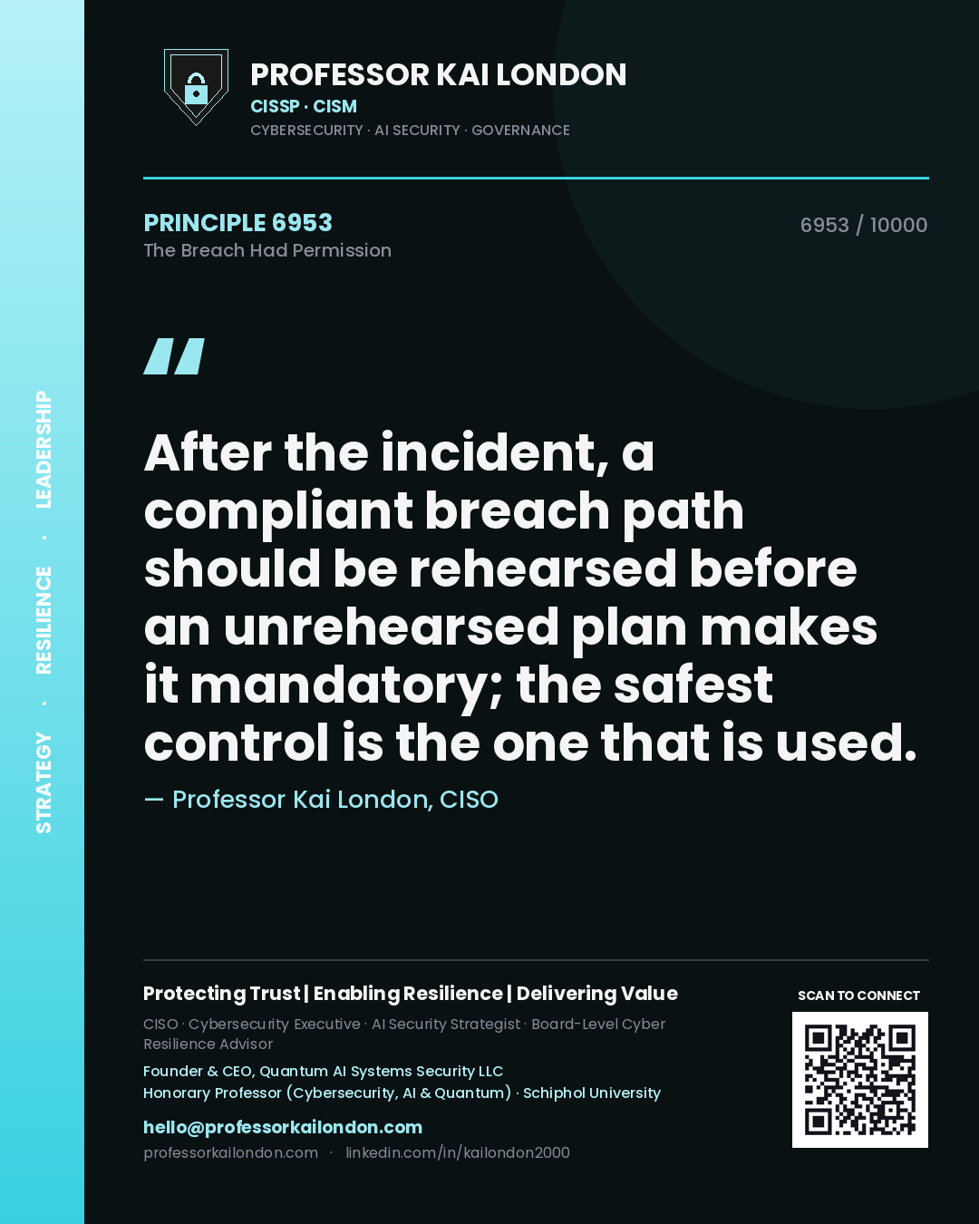 Quote card by Professor Kai London reading 'After the incident, a compliant breach path should be rehearsed before an unrehearsed plan makes it mandatory; the safest control is the one that is used.'. From the book The Breach Had Permission.