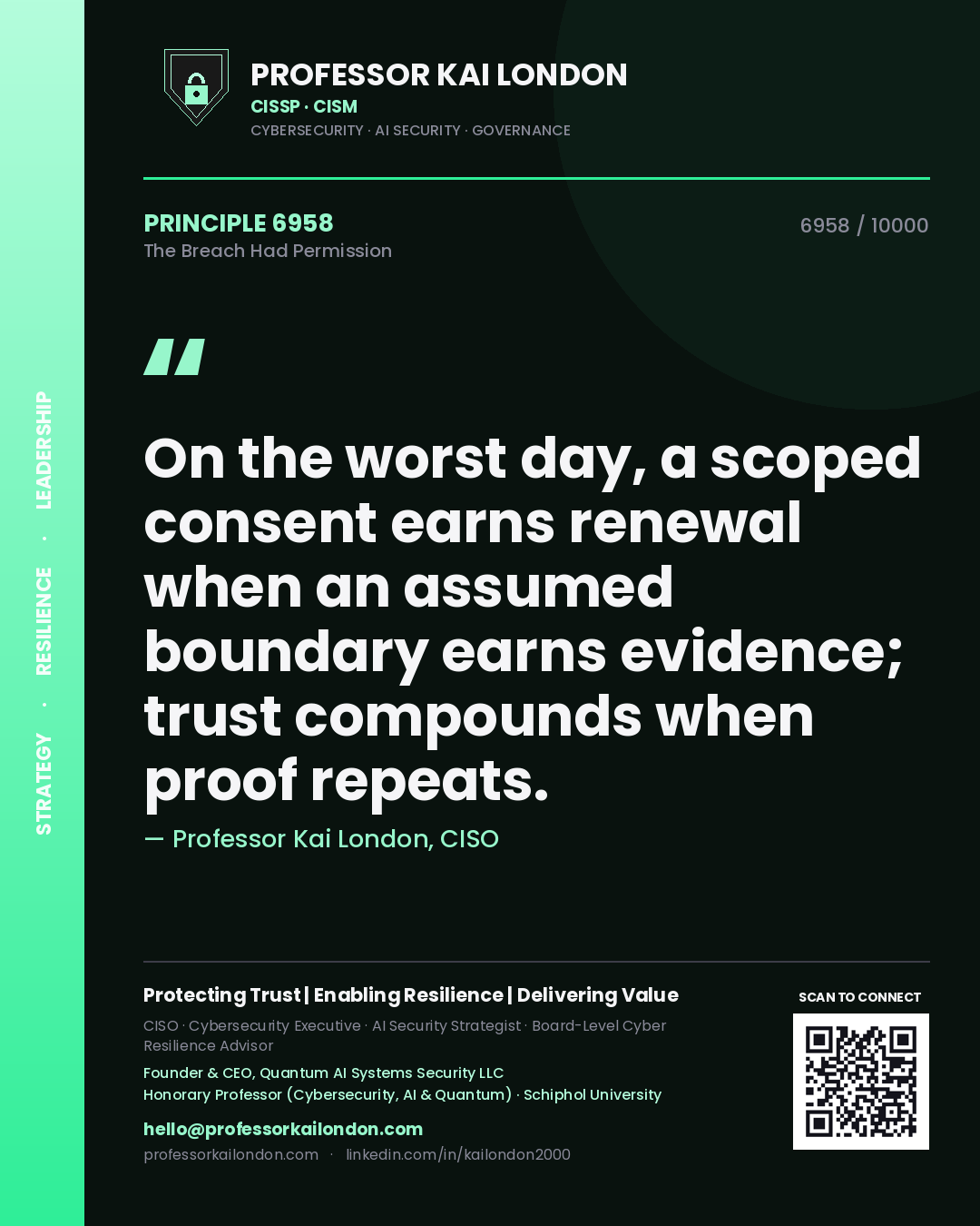 Professor Kai London principle 6958: On the worst day, a scoped consent earns renewal when an assumed boundary earns evidence; trust compounds when proof repeats.