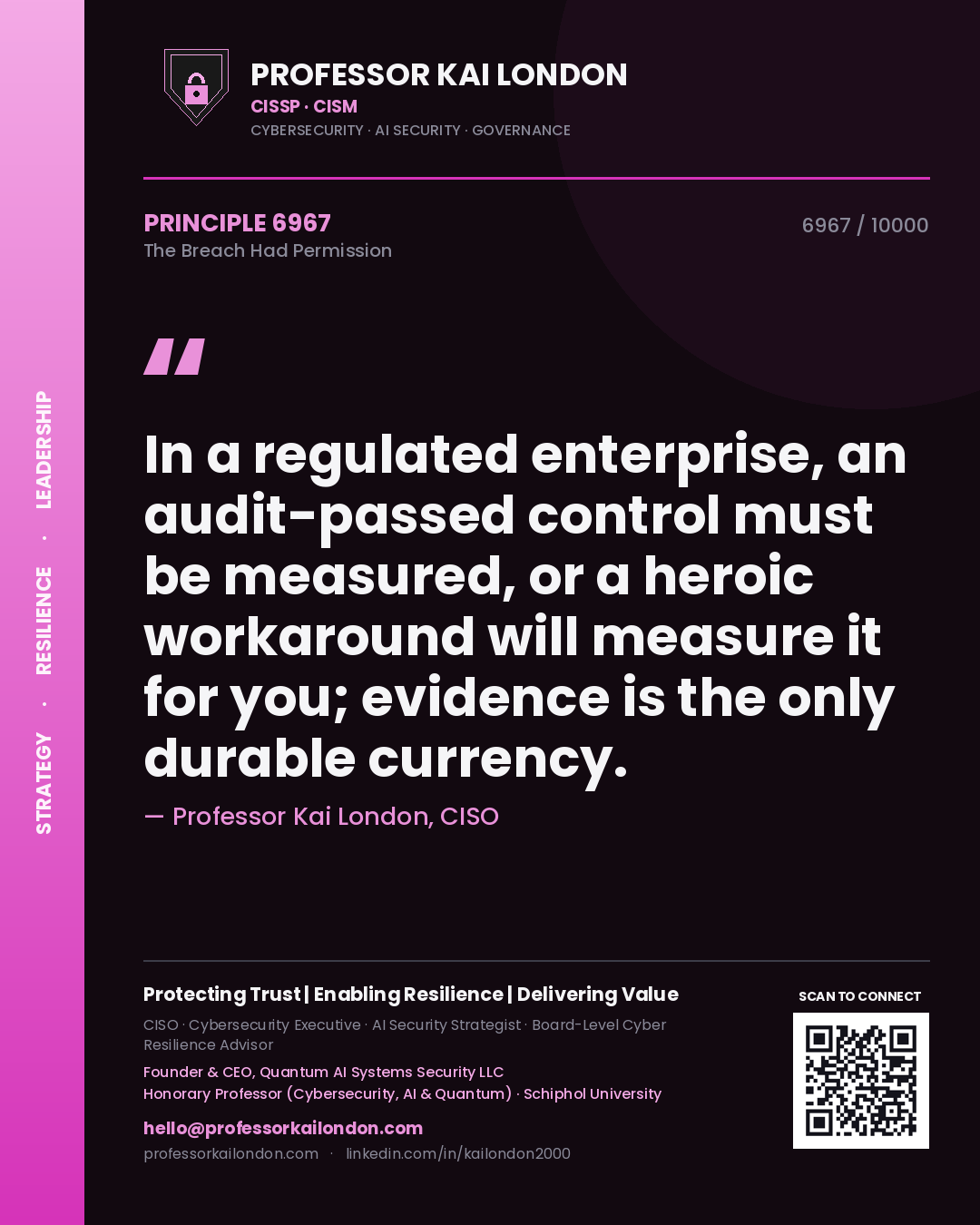Professor Kai London principle 6967: In a regulated enterprise, an audit-passed control must be measured, or a heroic workaround will measure it for you; evidence is the only durable currency.