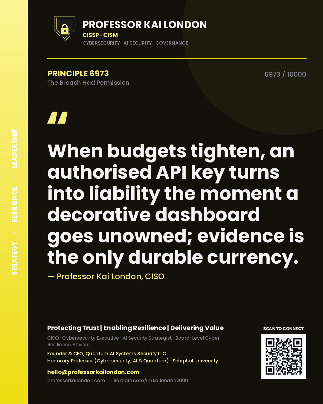 Professor Kai London principle 6973: When budgets tighten, an authorised API key turns into liability the moment a decorative dashboard goes unowned; evidence is the only durable currency.
