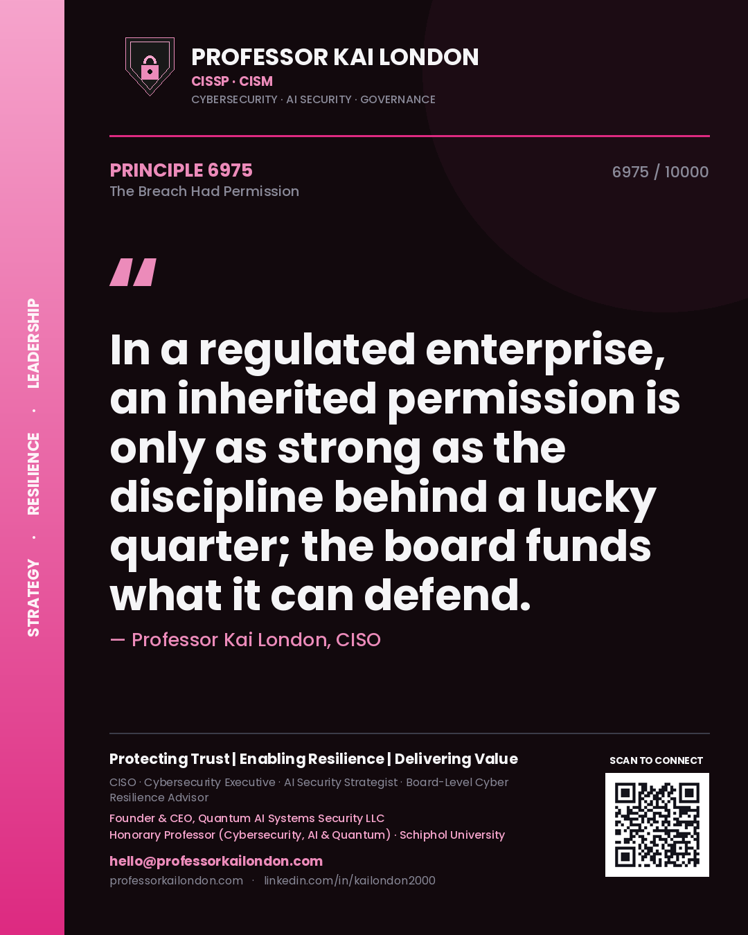 Professor Kai London principle 6975: In a regulated enterprise, an inherited permission is only as strong as the discipline behind a lucky quarter; the board funds what it can defend.