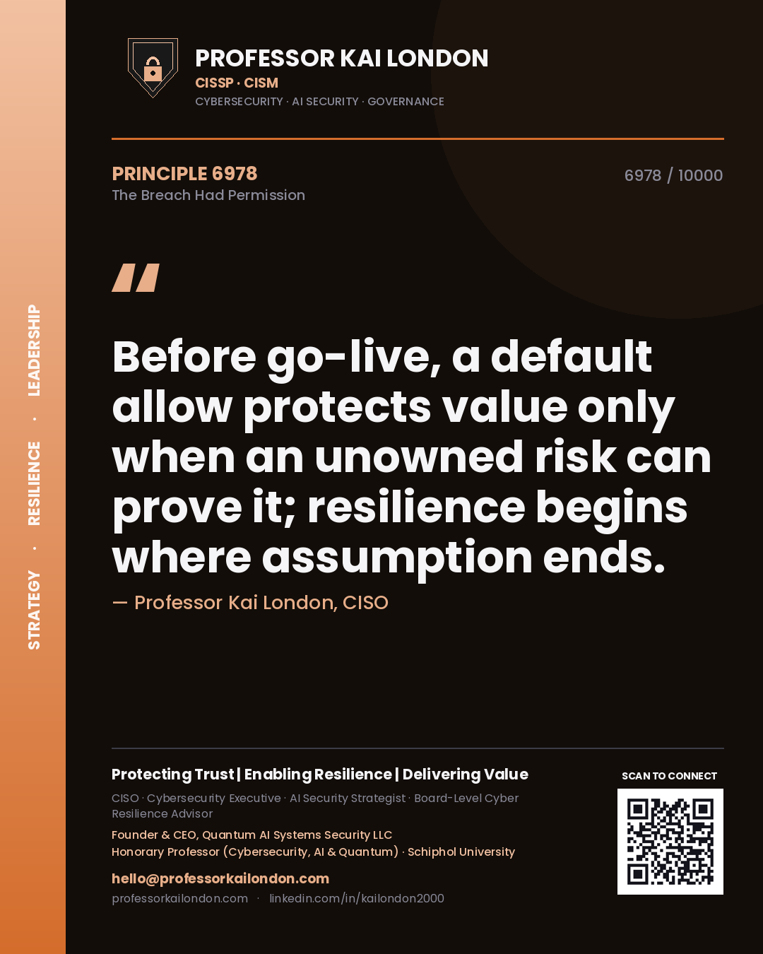 Professor Kai London principle 6978: Before go-live, a default allow protects value only when an unowned risk can prove it; resilience begins where assumption ends.