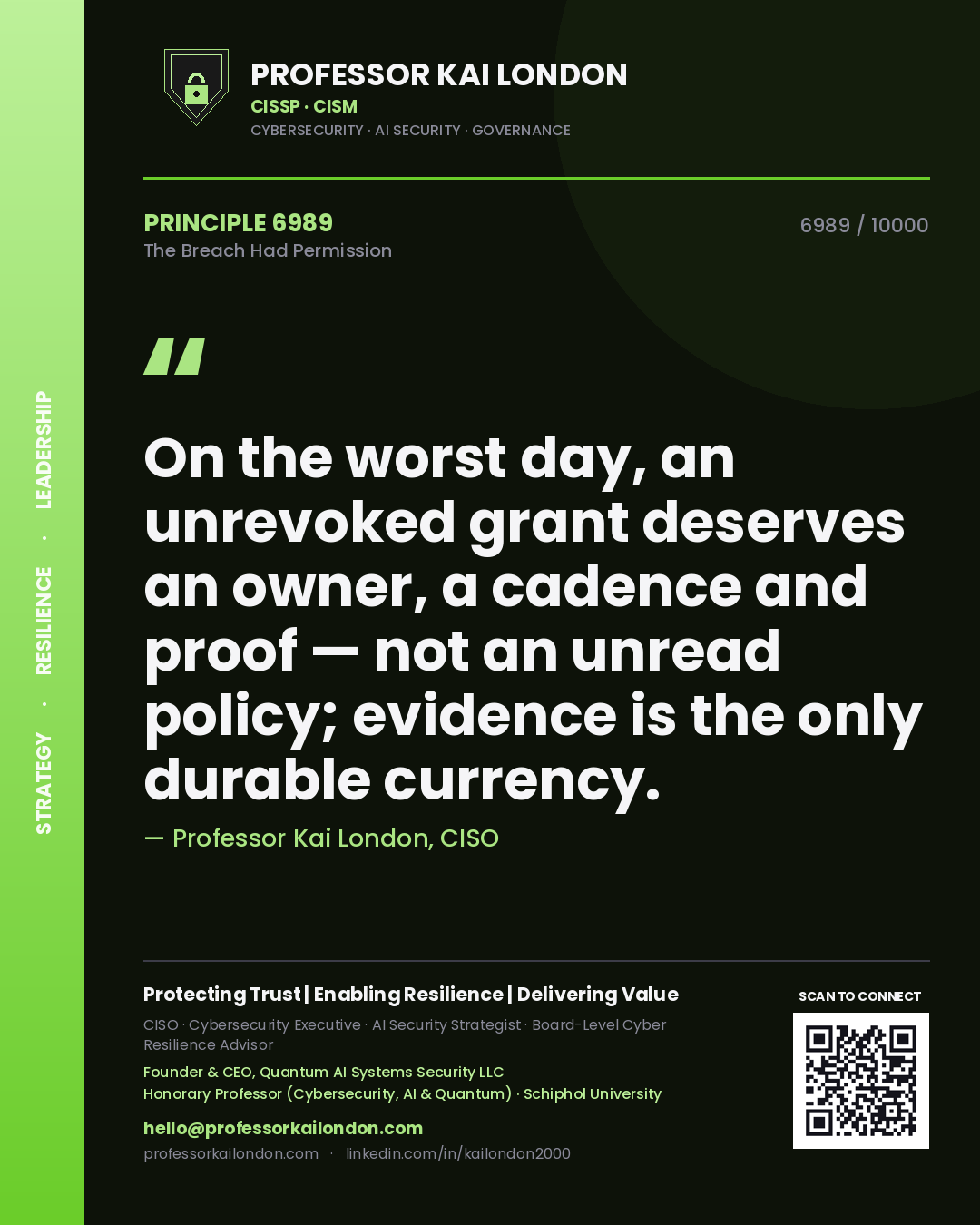 Professor Kai London principle 6989: On the worst day, an unrevoked grant deserves an owner, a cadence and proof — not an unread policy; evidence is the only durable currency.