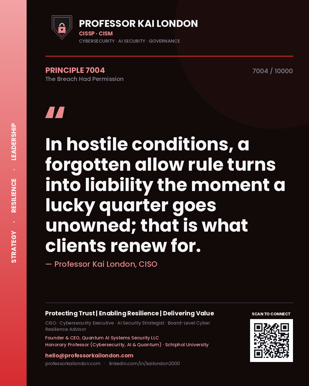 Quote card by Professor Kai London reading 'In hostile conditions, a forgotten allow rule turns into liability the moment a lucky quarter goes unowned; that is what clients renew for.'. From the book The Breach Had Permission.