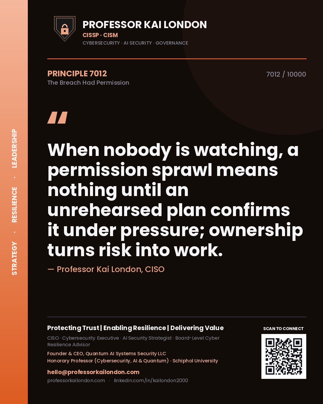 Quote card by Professor Kai London reading 'When nobody is watching, a permission sprawl means nothing until an unrehearsed plan confirms it under pressure; ownership turns risk into work.'. From the book The Breach Had Permission.
