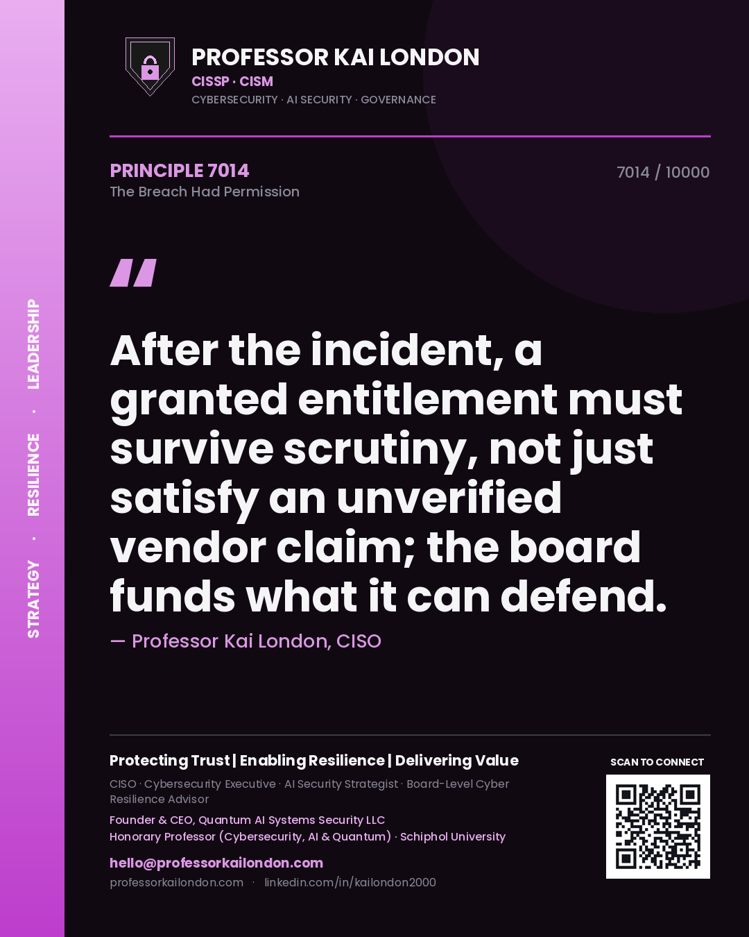 Quote card by Professor Kai London reading 'After the incident, a granted entitlement must survive scrutiny, not just satisfy an unverified vendor claim; the board funds what it can defend.'. From the book The Breach Had Permission.