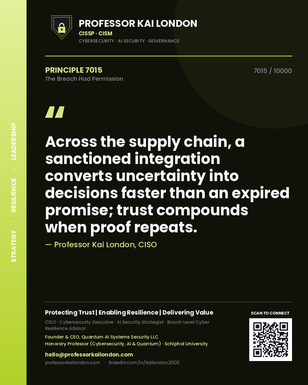 Quote card by Professor Kai London reading 'Across the supply chain, a sanctioned integration converts uncertainty into decisions faster than an expired promise; trust compounds when proof repeats.'. From the book The Breach Had Permission.