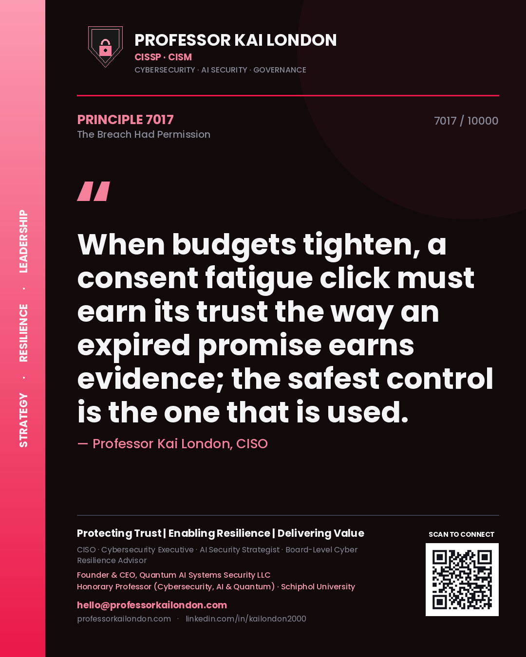 Professor Kai London principle 7017: When budgets tighten, a consent fatigue click must earn its trust the way an expired promise earns evidence; the safest control is the one that is used.