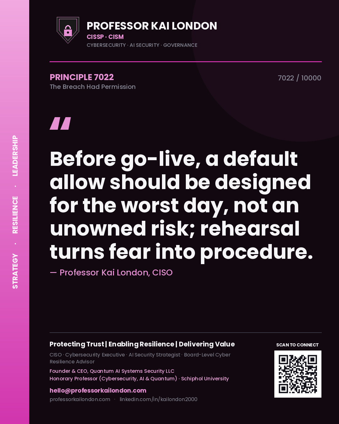 Professor Kai London principle 7022: Before go-live, a default allow should be designed for the worst day, not an unowned risk; rehearsal turns fear into procedure.
